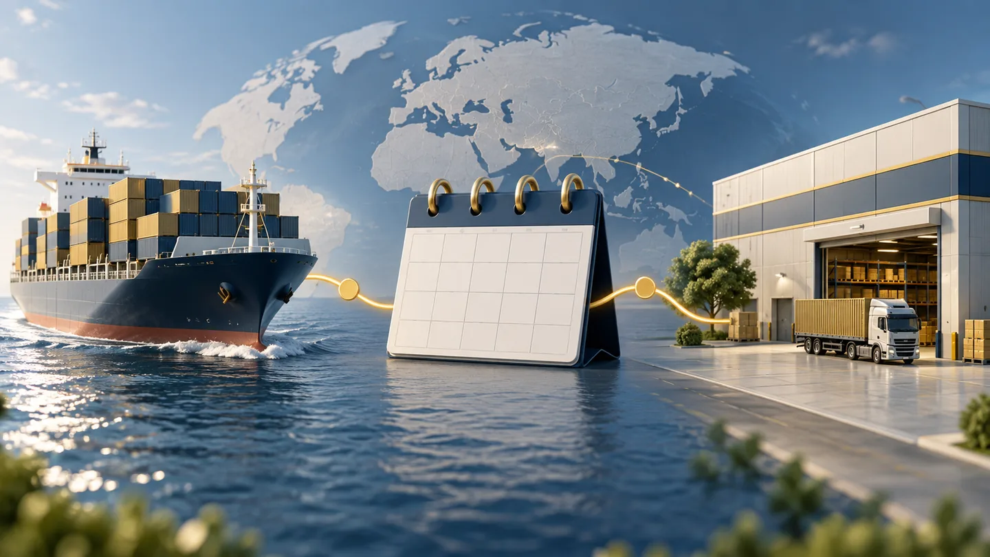 A container ship, calendar and warehouse illustrate separate price, sailing and delivery checks