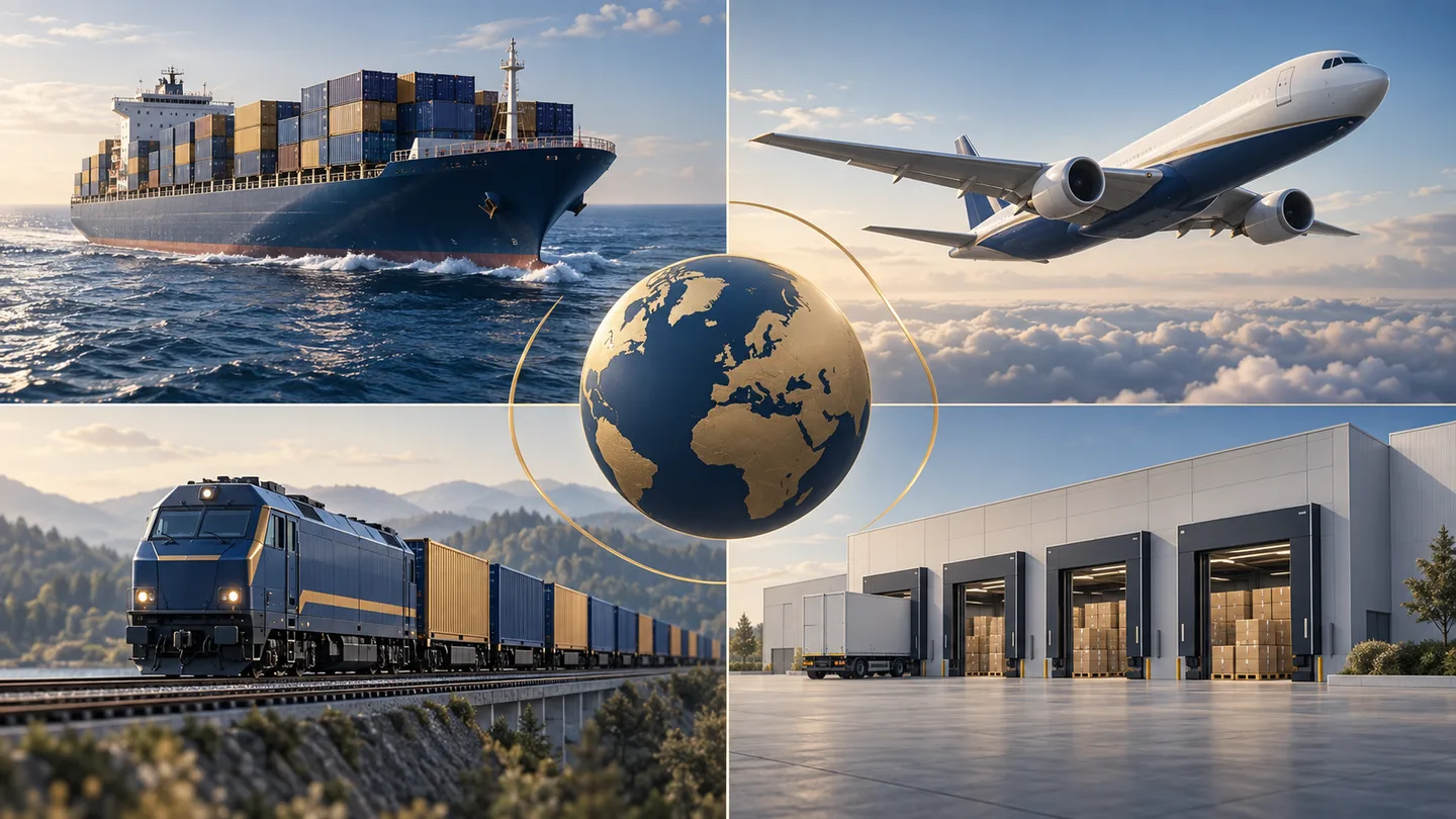 Ocean, air, rail and warehouse panels around a globe illustrate alternative transport choices